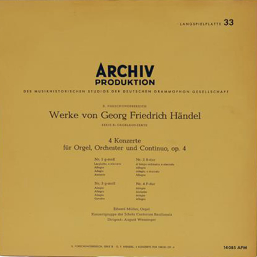 Schallplatte - 4 Konzerte für Orgel, Orchester und Continuo Op. 4 Händel LP 1959